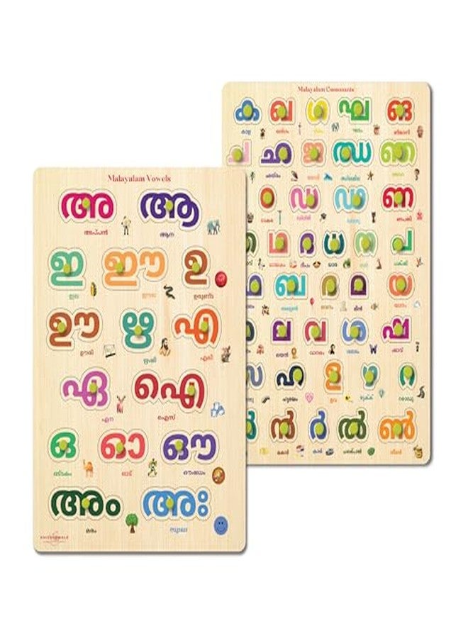 Khilonewale Set of 2 Wooden Knob Puzzles in Malayalam | Alphabet & Numbers Learning Puzzle for Kids 3+ Years | Educational Wooden Board Toys | 9x12 inch Montessori Puzzles (Malayalam Consonant+Vowel) - Image 2